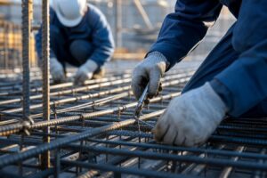 鉄筋を結束する職人の手元と施工現場のイメージ