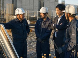 鉄筋工事現場で職長や施工チームと承継体制を確認する様子