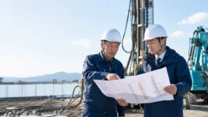 特殊基礎工事会社 M&Aの技術価値を表す、特殊環境の施工機械と技術者・経営者のイメージ