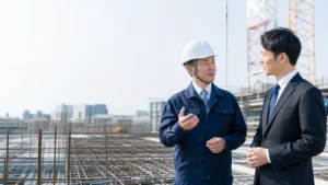 鉄筋工事会社のM&Aと会社売却について現場資料を確認する経営者と承継担当者