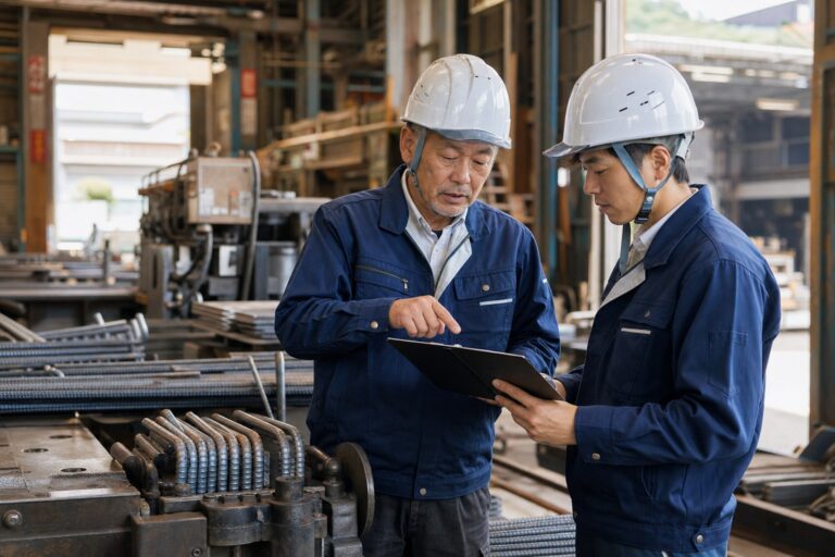 鉄筋加工場で熟練の経営者と若手職長が加工機と鉄筋を確認する様子