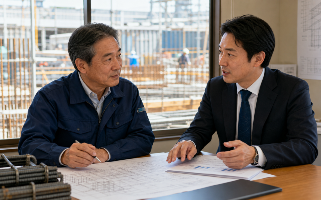 鉄筋工事会社の経営者とM&Aアドバイザーが現場事務所で事業承継について相談する様子