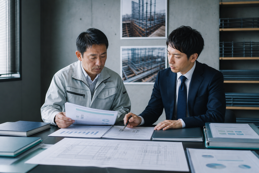 鉄筋工事会社の経営者とM&Aアドバイザーが工事台帳と財務資料を整理する様子