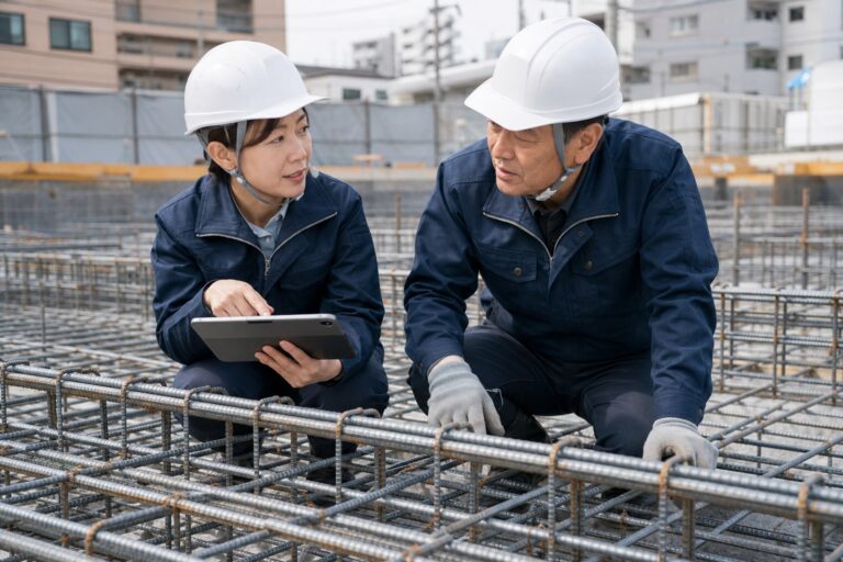 鉄筋工事現場で品質担当者と職長がタブレットを使って配筋を確認する様子