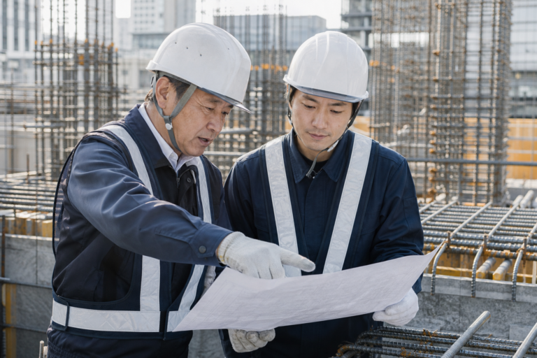 鉄筋工事の現場で職長と若手職人が配筋図を確認し技術を引き継ぐ様子