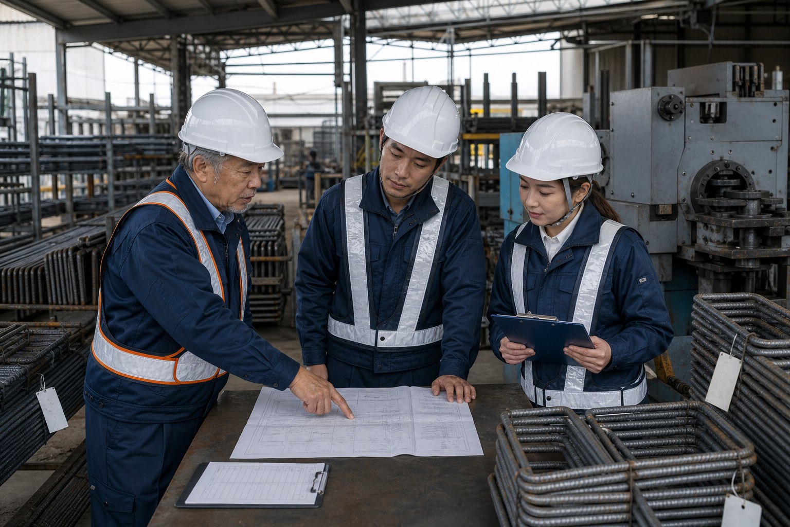 鉄筋加工場で加工設備と安全な引継ぎ手順を確認する経営者・後継者・現場責任者