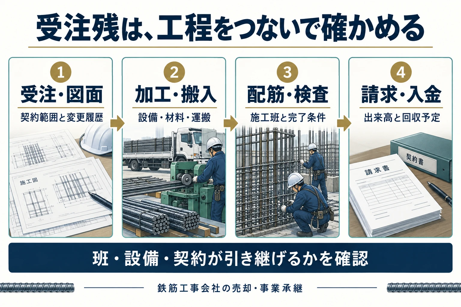 鉄筋工事M&Aで受注図面、加工搬入、配筋検査、請求入金のつながりを確認する説明図
