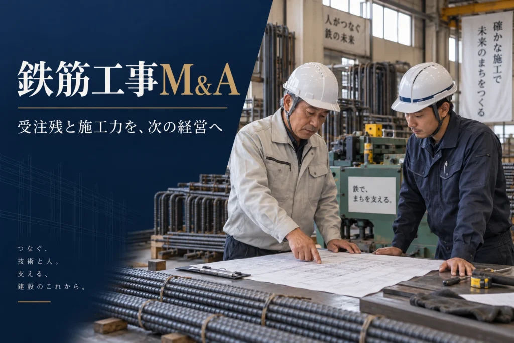 鉄筋工事M&Aで受注残と施工力の承継を検討する経営者と職長のイメージ
